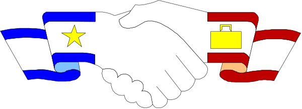 The image shows a handshake between two hands with flags of different countries on them against a black background.