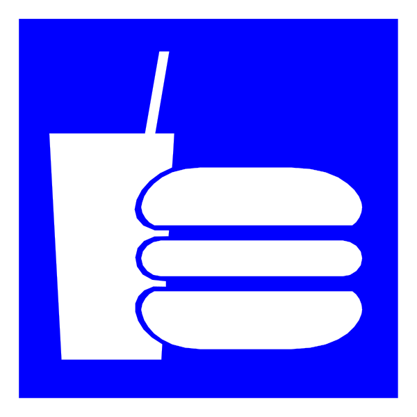 The image shows a blue sign with white text featuring an icon of a hamburger on top left corner next to straws in two cups placed one above another at bottom right corner.