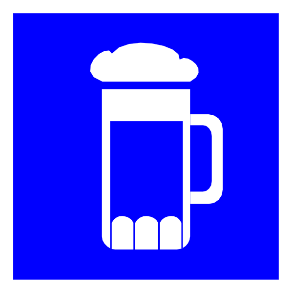 The image shows a blue sign with an illustration of a mug on it next to another icon that appears to be a beer tap handle.