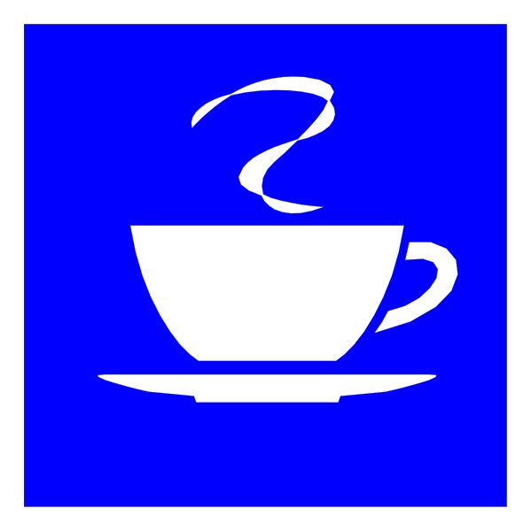 The image shows a blue sign with white text that reads "COFFEE" above an illustration of coffee cup on saucer being poured from pitcher into it by steam rising upwards to form swirls, and below this is another symbol representing hot beverage in mug over plate or tray.
