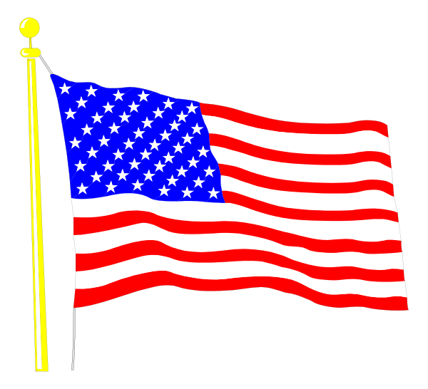 The flag of the United States displayed on a pole with two flags attached to it at an angle.