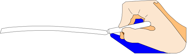 The image shows a hand holding an object that resembles a sword with blue handle pointing towards it from above while being held by another unseen hand in front of what appears to be a dark background.