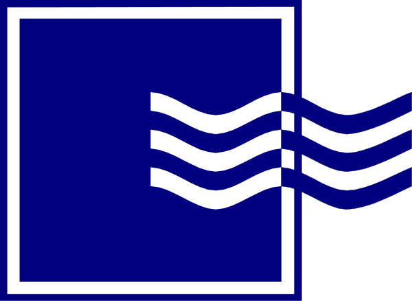 The image shows a blue flag with white waves on it next to another square that has two wavy lines forming an abstract design resembling water currents in front of each other against a gray background.