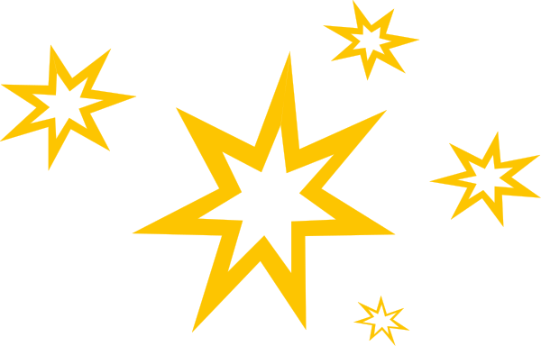 The image shows a black background with yellow stars scattered around it on both sides of what appears to be an explosion centered at the bottom right corner.