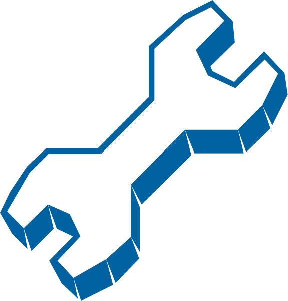 The image shows a white wrench on top of an open blue toolbox with two screws visible inside it against a black background.