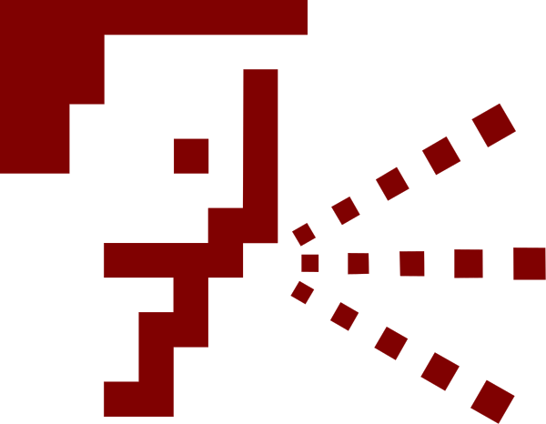 The image shows a pixelated representation of an alien with red eyes on its face against a black background.