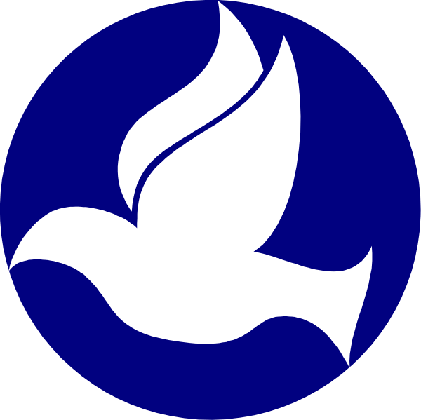 The image shows a blue circle with two white doves inside it on either side of an emblem that resembles a cross-like symbol in between them.