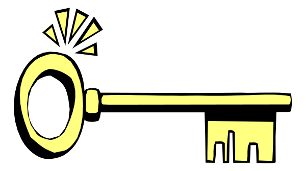 The image shows a simple black and white illustration of two keys with an open lock between them on what appears to be a keychain background.
