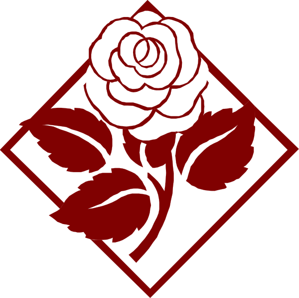 The image shows a red rose with leaves inside an emblem that resembles a shield shape within two diamond shapes on either side of it against a black background.