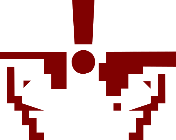 The image shows a pixelated representation of an alien with red eyes against a black background.