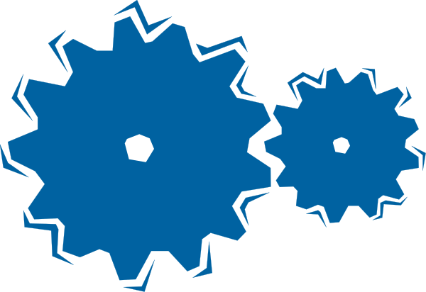 The image shows a black background with three blue gears of varying sizes arranged vertically on top of each other against white lines that form an abstract pattern resembling snowflakes at their bottom edges.