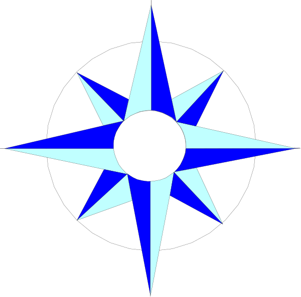 The image shows a stylized compass rose with blue stars at its cardinal points against a black background.
