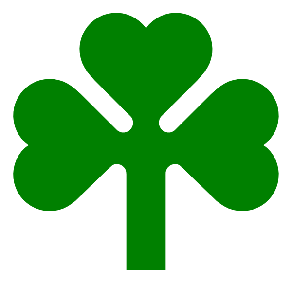 The image shows a green four leaf clover with white outlines against a black background.