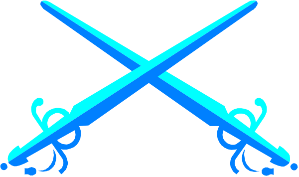 The image shows a graphic of two crossed swords with blue handles against a black background; there is no text present.