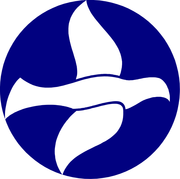 The image shows a blue circle with two white crosses inside it on either side of an emblem that resembles a bird in flight within another smaller circular design featuring three lines radiating from each other to form what appears to be wings, all set against a black background.