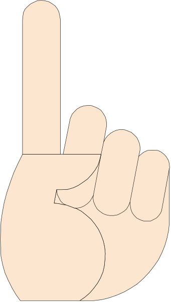 The image shows a black and white silhouette of two fingers pointing upwards with an exclamation mark between them against a gray background.
