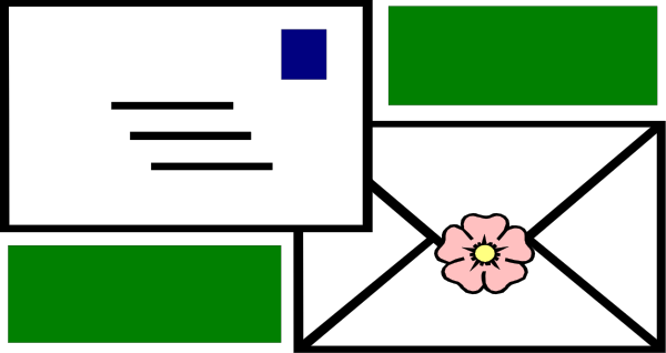 The image shows a pixelated representation of an envelope with flowers on it being sent through what appears to be a mailbox in front of a house-like structure that has windows and doors.