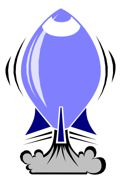 The image shows a stylized rocket with an explosion at its base against a black background.