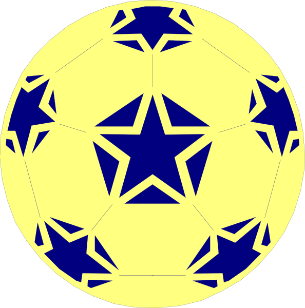 The image shows a soccer ball with star patterns on it against two different backgrounds: blue stars on black for clip-art use and yellow stars on white for stickers.