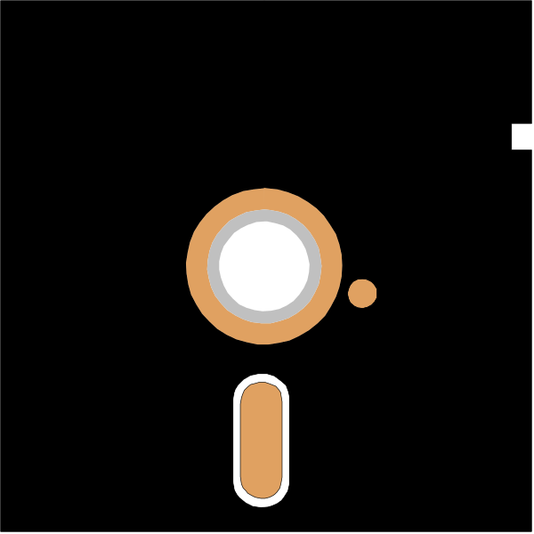 The image shows a black background with an orange circle containing two white lines forming what appears to be eyes on either side of a small gray rectangle that resembles a nose in between them.