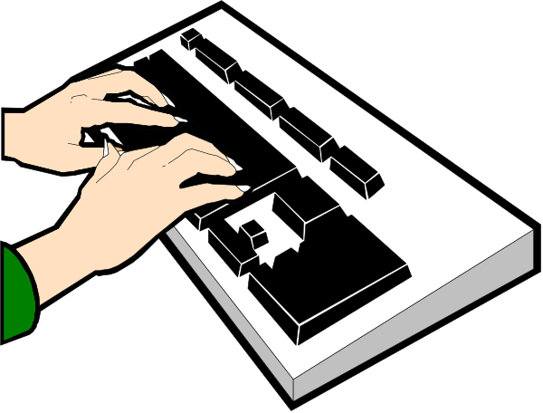 The black and white illustration shows a person's hands typing on an illuminated computer keyboard with various keys highlighted in green.
