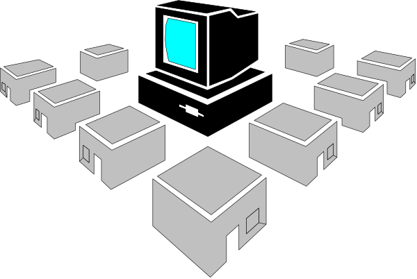 The image shows a black and white pixelated representation of an office cubicle environment with multiple desks arranged around each other in rows.
