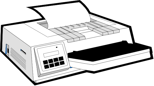 The image shows a white printer with paper coming out of it on top of what appears to be an open laptop computer that is also in black-and-white coloring.