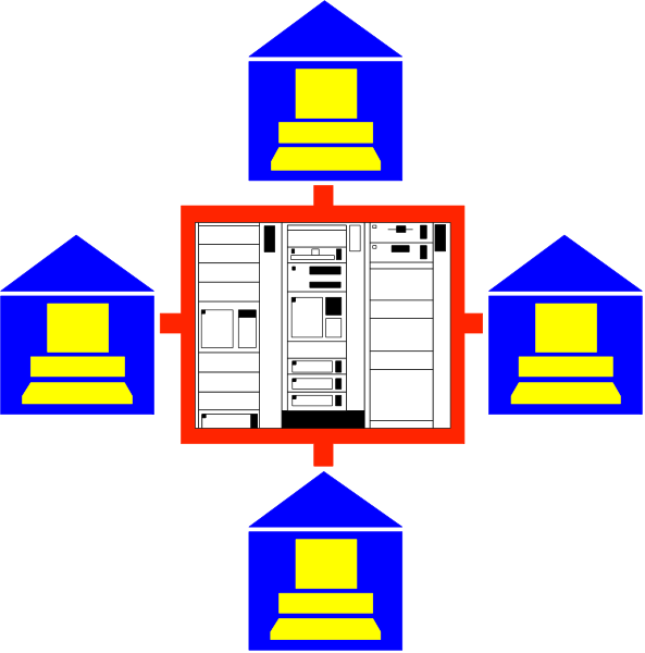 The image shows a diagram with six blue houses connected by red lines to form an interconnected network around a central document that appears to be in black-and-white coloration.