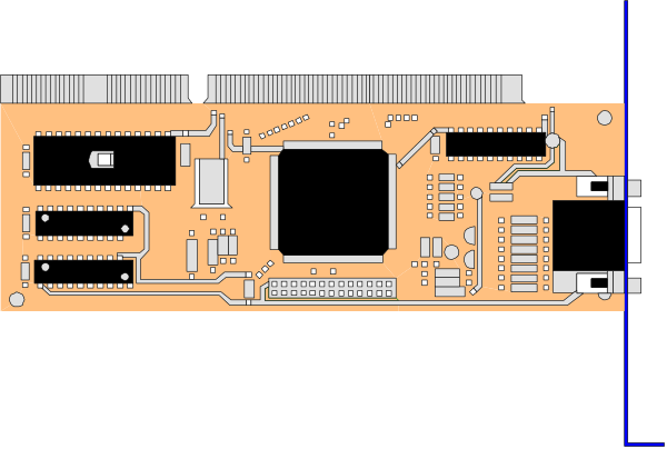The image shows a closeup of an electronic circuit board with various components such as resistors, capacitors, integrated circuits (ICs), connectors, traces, pins, and other elements typically found on printed circuit boards (PCB).