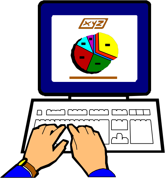 The image shows a person's hands typing on a computer keyboard with an open spreadsheet displaying pie charts labeled "XYZ" in front of them.