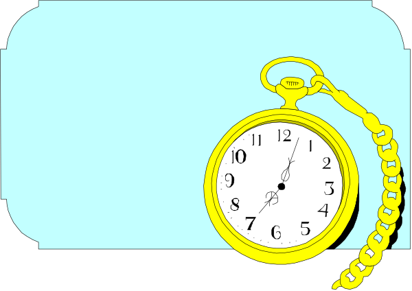 The image shows a yellow pocket watch with black numbers on its face hanging from an open chain link fence against a blue background.