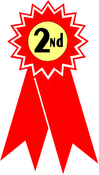 The image shows a red ribbon with two gold stars on either side of it, each star has "2nd" written in white text inside them; above this ribbon is an explosion graphic that includes black lines and shapes suggesting motion or impact.