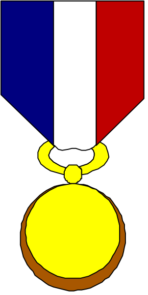 The image shows a medal with an Olympic symbol on it hanging from a ribbon around what appears to be a trophy stand in front of two flags; one is red white and blue while the other has black, yellow, and orange stripes.