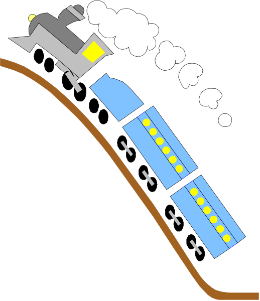 The black and white illustration shows a train on tracks with smoke coming from its engine; it's traveling downhill towards an intersection where another set of railroad tracks crosses over one another at right angles, suggesting that there is no crossing guard in place for safety reasons.