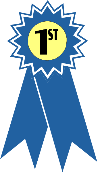 The image shows a graphic of an award ribbon with text that reads "1st" at the top left corner on a blue background inside a white border. On this ribbon is another smaller rectangular badge featuring two crossed swords and above them, there's a shield-like emblem displaying three stars in red against a yellow backdrop. The overall style of the image appears to be digital art with bold colors and simple shapes commonly used for awards or certificates.