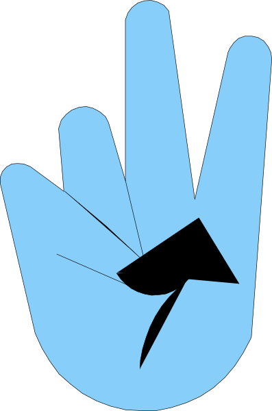 The image shows a stylized graphic of an iconic symbol from science fiction media: it is a blue hand with three fingers extended upwards in front of what appears to be a black background that has some white elements, resembling a simplified representation of a futuristic device or interface.