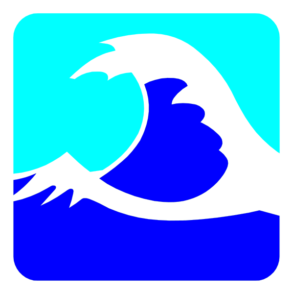 The image shows a stylized graphic of two waves with crests forming an 's' shape against a blue background on one side, and white text reading "Waves" in capital letters above each wave.