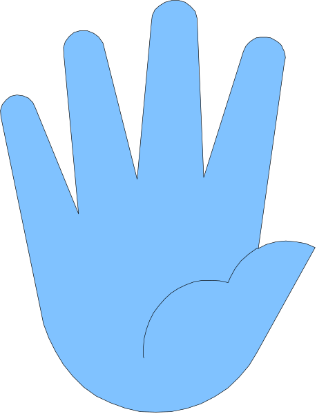 The image shows a blue handprint with an index finger pointing upwards against a black background.