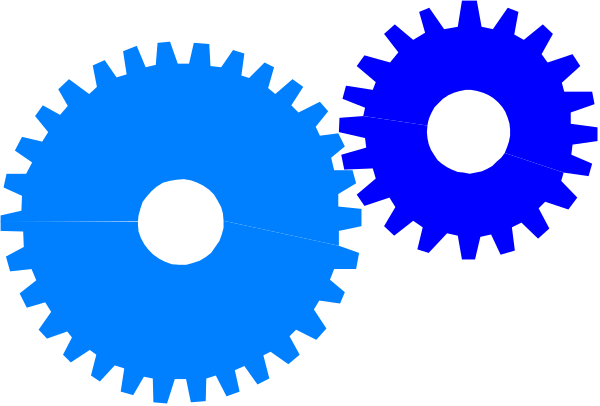 The image shows three blue gears with a black background.