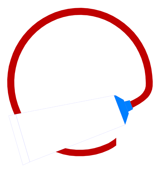 The image shows a red circle with two white lines intersecting it at different angles on either side of an object that resembles a tube of toothpaste in front of them.