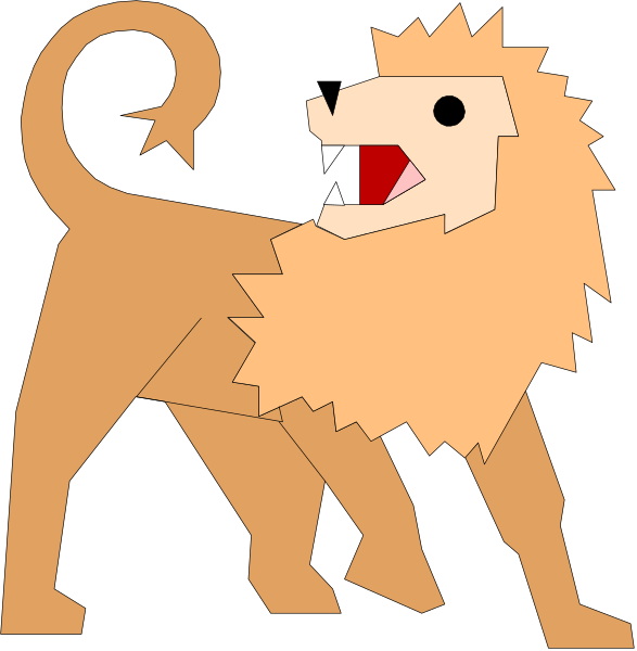 The image shows a cartoon lion with an open mouth standing on two legs against a black background.