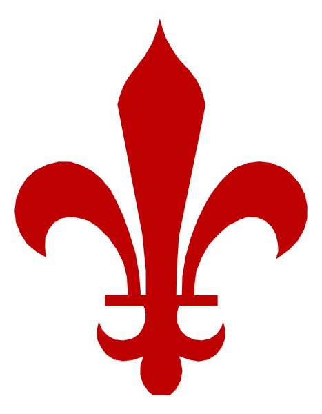 The red fleur de lis on a black background with white text at bottom right corner of an object that resembles a flagpole.