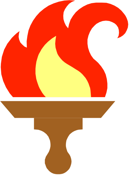 The image shows a stylized torch with flames on top of an Olympic rings symbol.