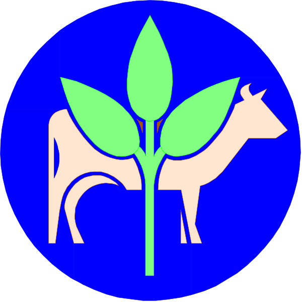 The image features a blue circle with two distinct designs: on top left there is an icon of a cow's head inside another larger green leaf-like shape; below it to its right in the bottom half, there appears to be a white silhouette of a calf standing next to what looks like a plant or tree.