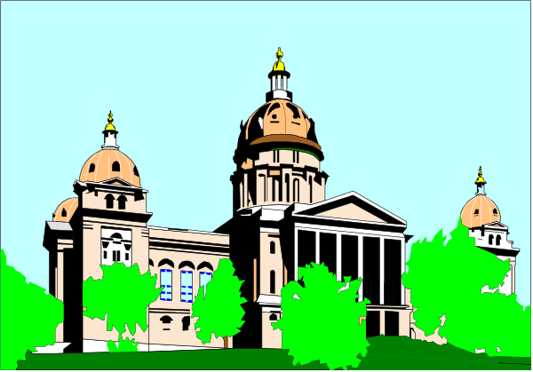 The image shows a colorful illustration of an old church with two towers on either side against a blue sky background.