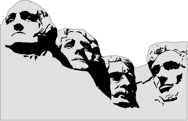 The black and white photo shows a collage of four presidential busts from Mount Rushmore with an overlaid image of Abraham Lincoln's face in color at bottom right corner.