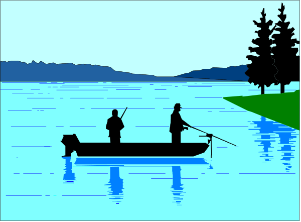 The image shows a serene scene of two men fishing on calm water with trees visible across it; there is no text present in this clip-art illustration.