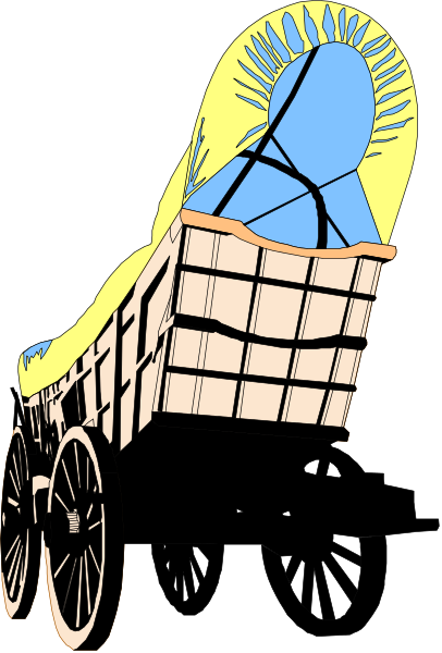 The black and white illustration shows a cartoon of an old wagon with wheels on it being pulled by two horses under what appears to be night sky filled with stars.