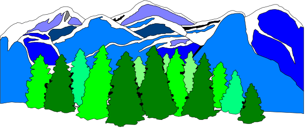 The image shows a stylized mountain landscape with trees on both sides of what appears to be a river flowing through it.