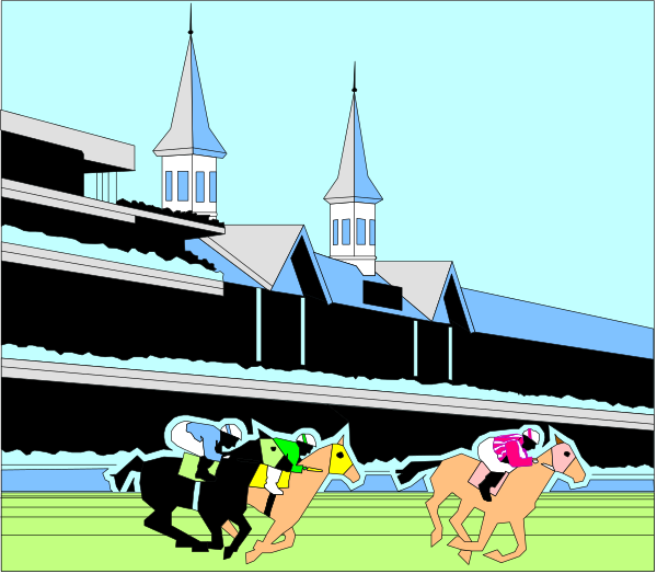 The image depicts a colorful illustration of three jockeys riding horses on what appears to be an oval race track with grandstands in the background under clear skies.